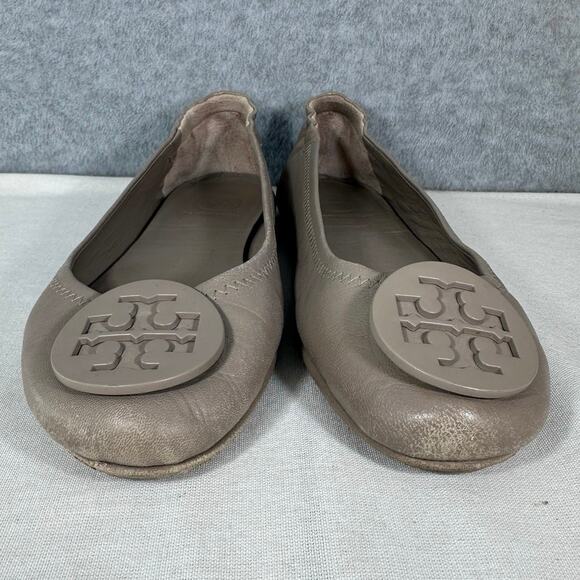 Tory Burch Women’s sz 5.5 Minnie Travel Ballet Flat French Gray Neutral Leather - Picture 3 of 12